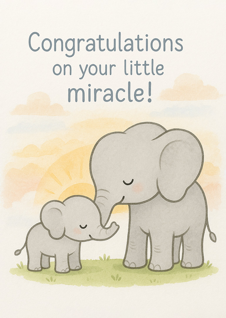 Illustration of adult and baby elephant with congratulations message