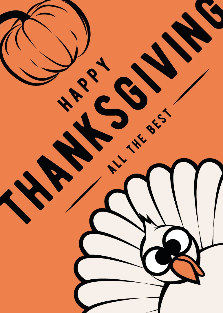 Orange Thanksgiving card with pumpkin, turkey, and bold Happy Thanksgiving All the Best wording throughout.
