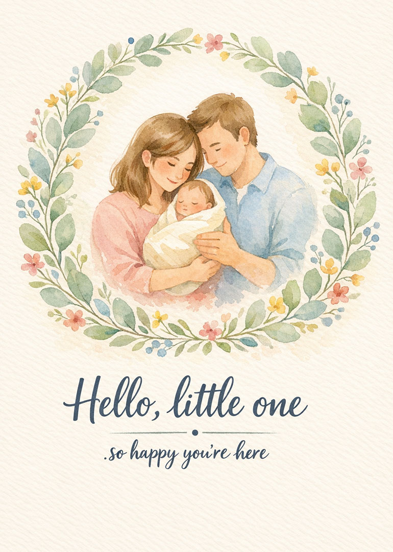 Watercolor illustration of parents holding newborn baby with floral border