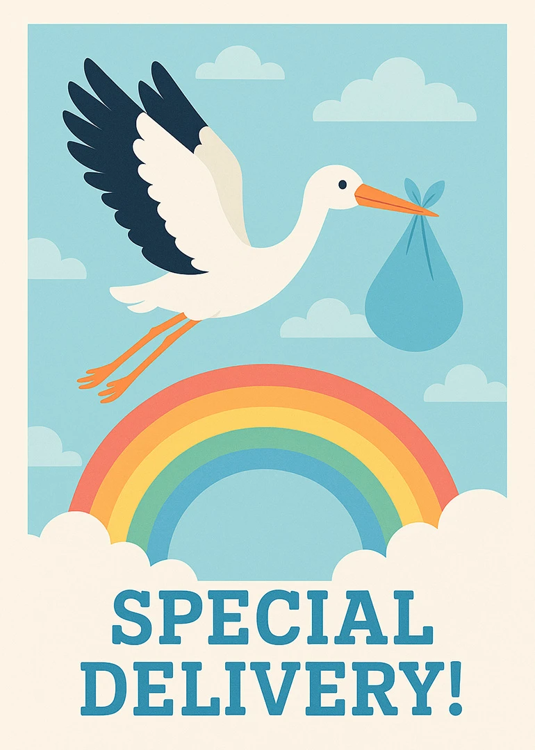 Stork flying over a rainbow with a bundle and Special Delivery text on blue sky.