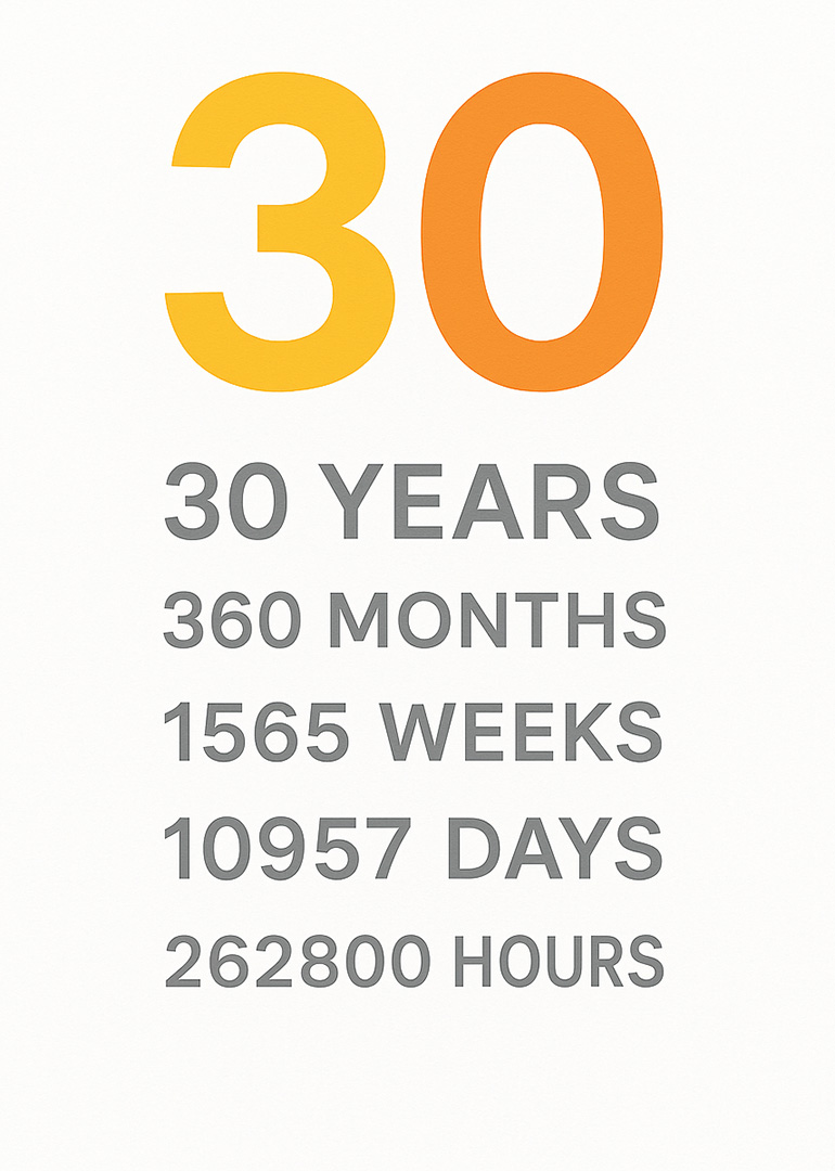 Minimalist card showing 30 years with months, weeks, days, and hours in bold text