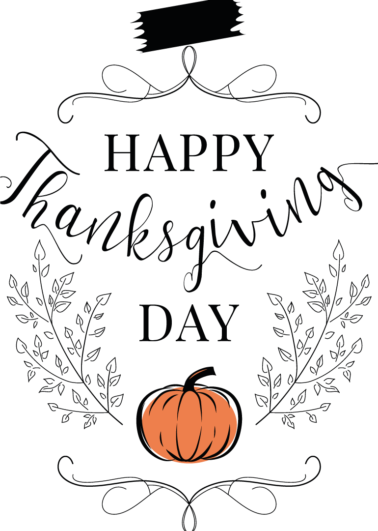 Thanksgiving card with elegant script, pumpkin, and decorative leaves