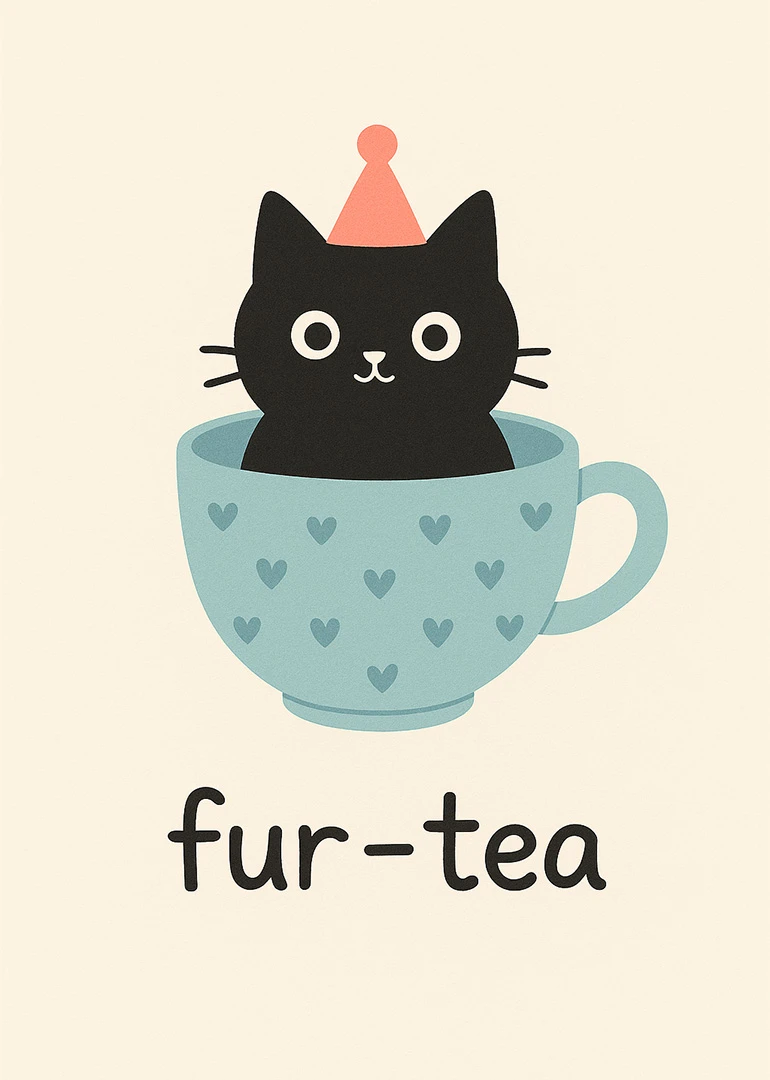 A black cat wearing a party hat sits in a blue teacup with fur-tea text.