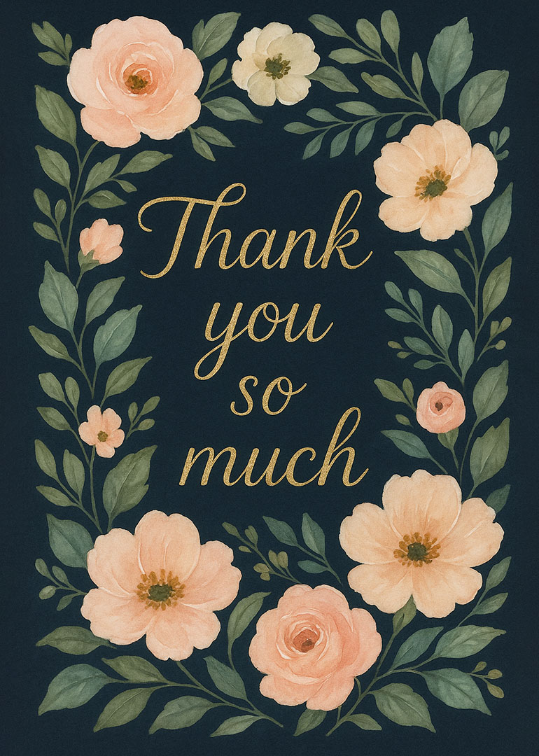 Thank you card with peach flowers and gold script on dark background
