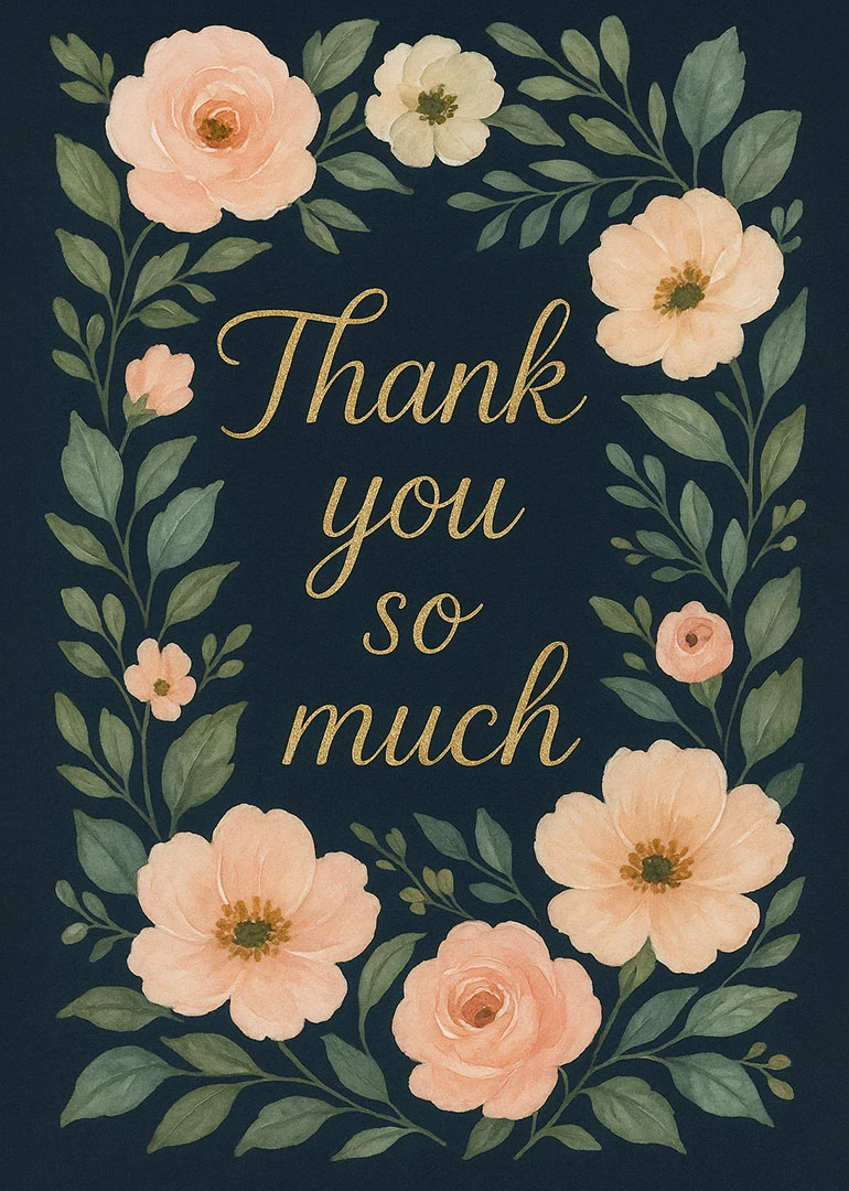 Peach and cream flowers frame gold thank you so much lettering on a navy background.