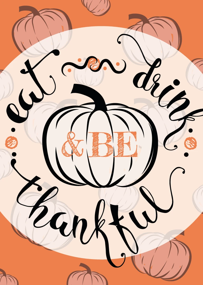 Orange pumpkin card with cream circle, cursive Just Be Thankful text, and autumn pumpkins background.