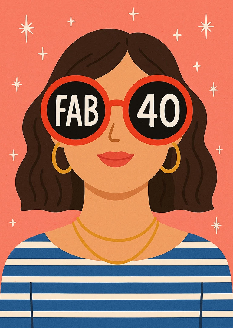 Illustrated woman wearing red sunglasses that say FAB 40 on a coral starry background.