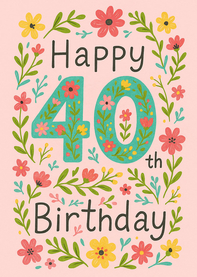 Colorful floral 40th birthday card with cheerful flowers and leaves on pink background