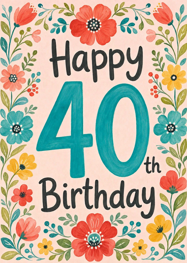 Pastel floral card reading Happy 40th Birthday with hand-drawn flowers and playful teal numbers design.