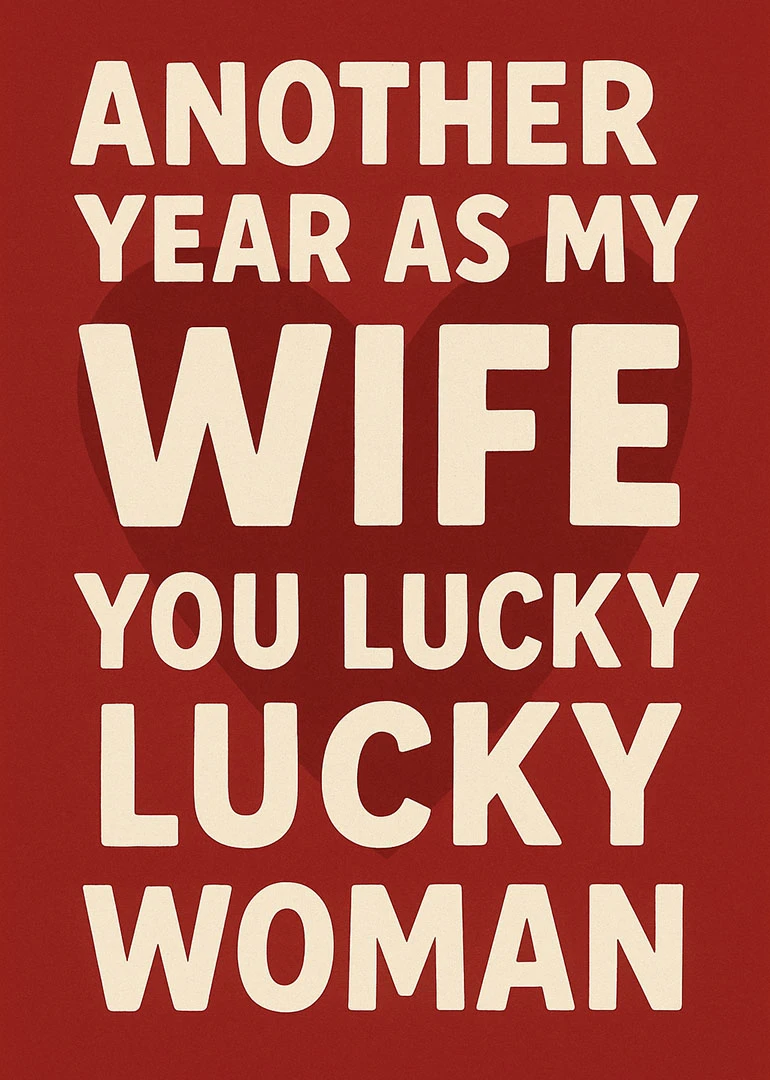 Bold red card with cream text saying another year as my wife, you lucky woman.