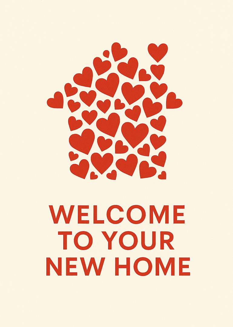 Red hearts shaped like a house with welcome to your new home text