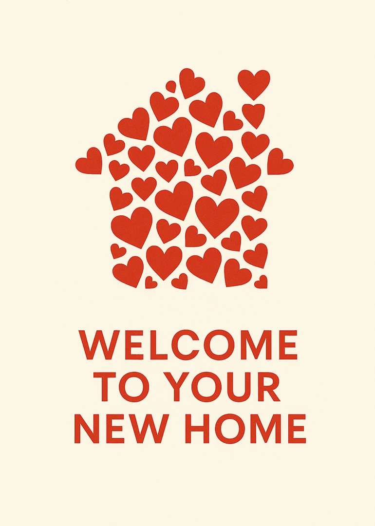 A cream card with a red heart house and Welcome to Your New Home text.