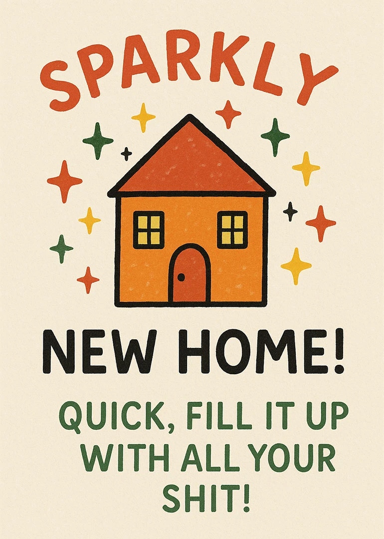 Orange house with sparkly stars and rude new home message on cream background, playful style.