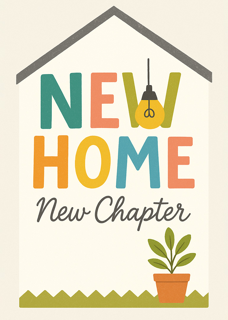 New home card with colorful letters, light bulb, and potted plant illustration