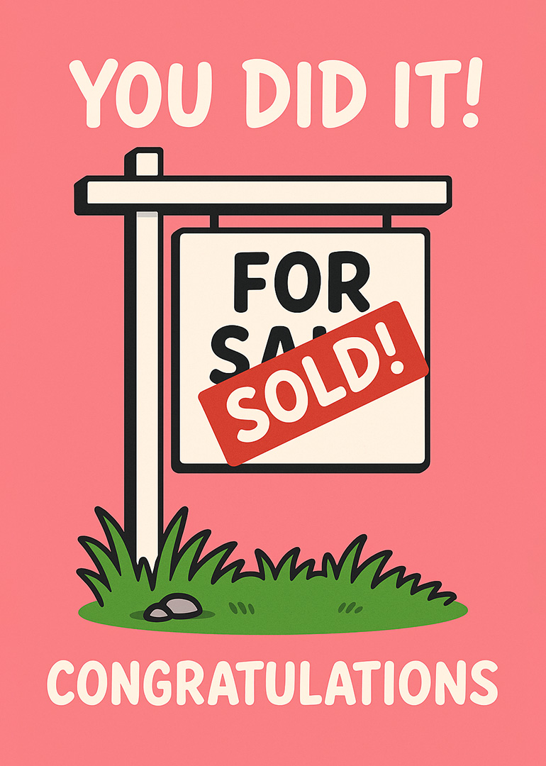 Real estate sign with sold sticker on pink background congratulating new home owners