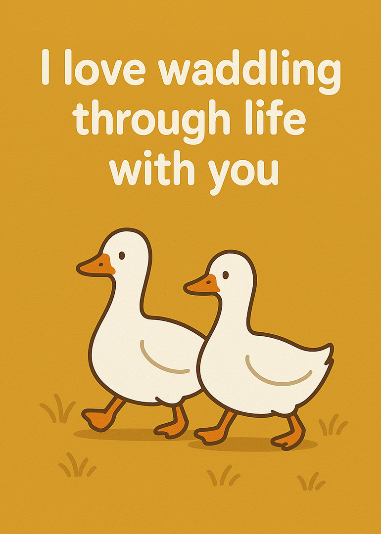 Two white ducks waddling with loving message on mustard background
