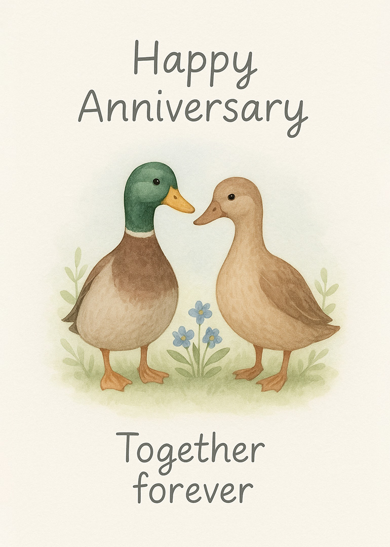 Watercolor illustration of two ducks with flowers happy anniversary message