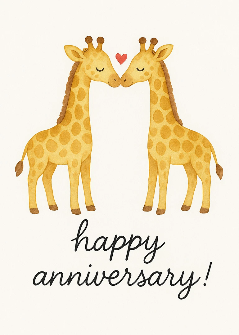 Two adorable giraffes touch noses above a heart with happy anniversary text on cream background.