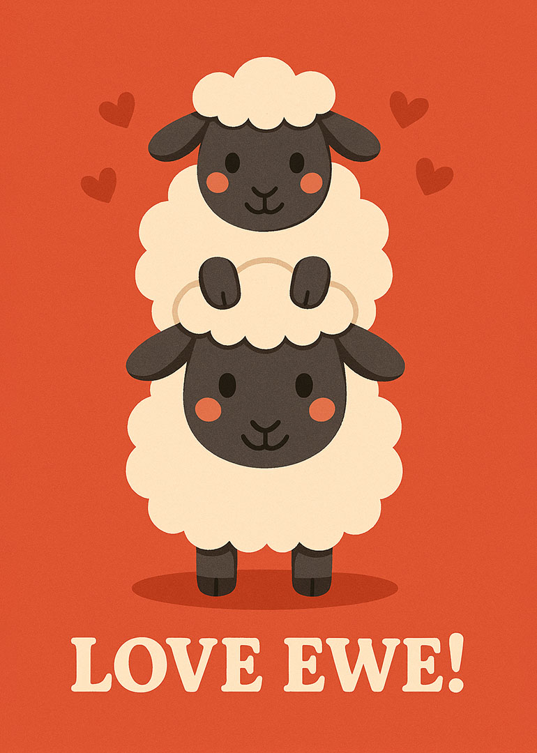 Two cute cartoon sheep stacked with hearts and love ewe text