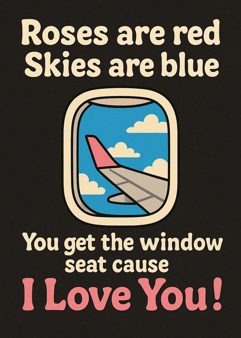 Black card with airplane window illustration and punning love message about getting the window seat.