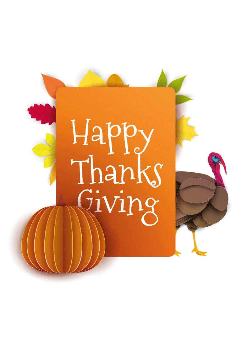Orange Thanksgiving card with pumpkin, turkey, autumn leaves, and Happy Thanks Giving text on display.
