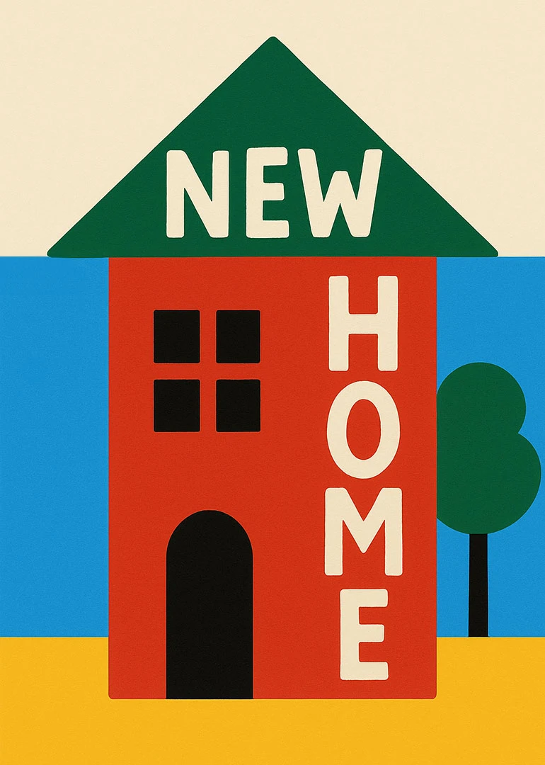 Colourful house illustration with NEW HOME text and a tree on a bright background today.