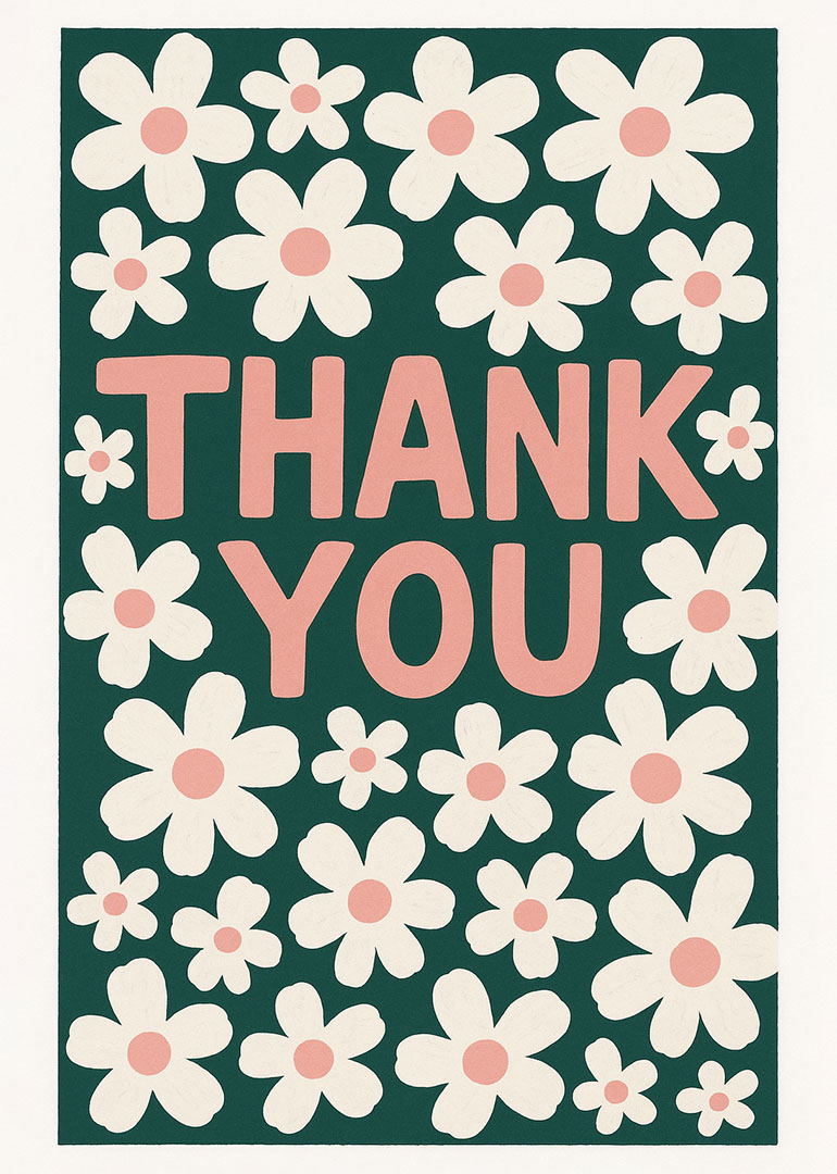 Thank you card with pink flowers on dark green background