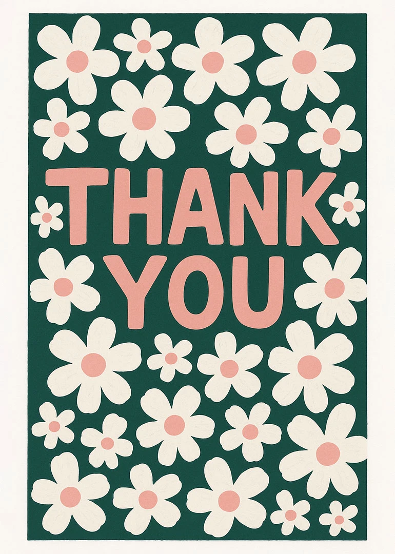 Pink thank you text surrounded by retro white daisies on green background, cheerful and bright.