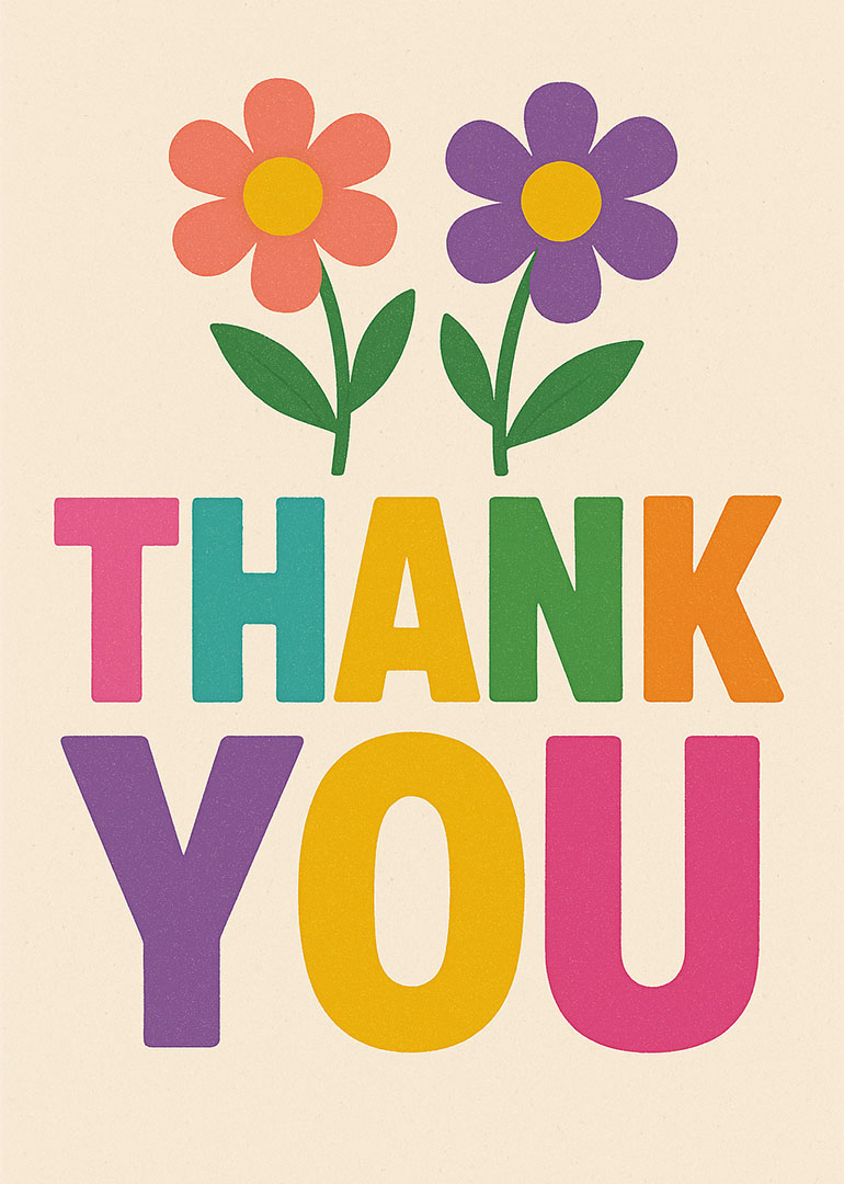 Colorful thank you card with two flowers and bold letters