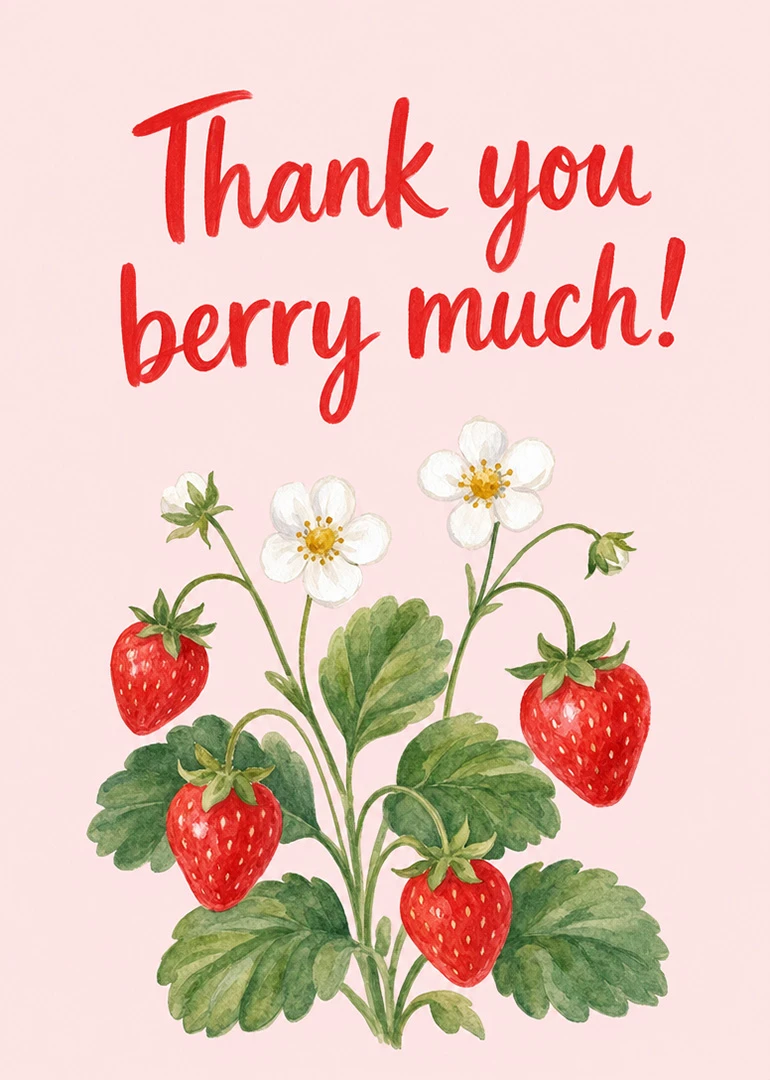 Watercolor strawberries and white flowers surround the phrase Thank you berry much on pink background.
