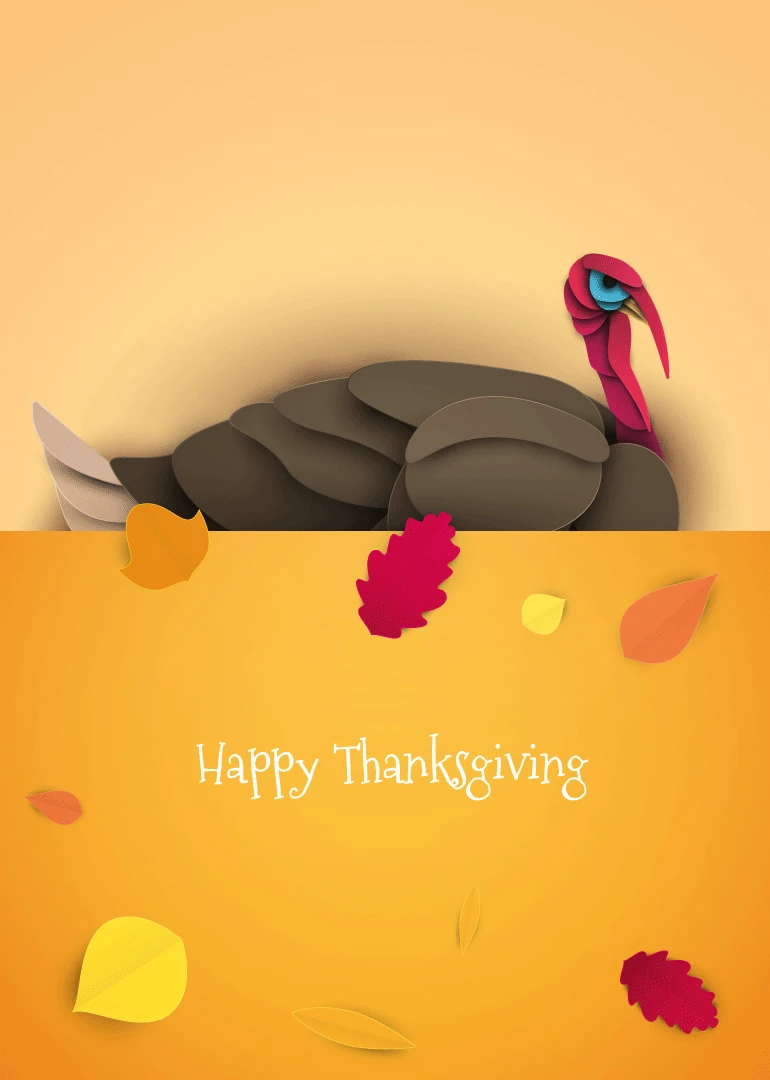 Layered paper turkey with autumn leaves and Happy Thanksgiving text on a warm orange background.