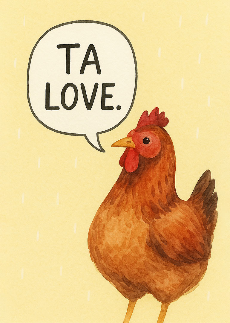 Watercolor chicken with speech bubble saying TA LOVE on yellow background
