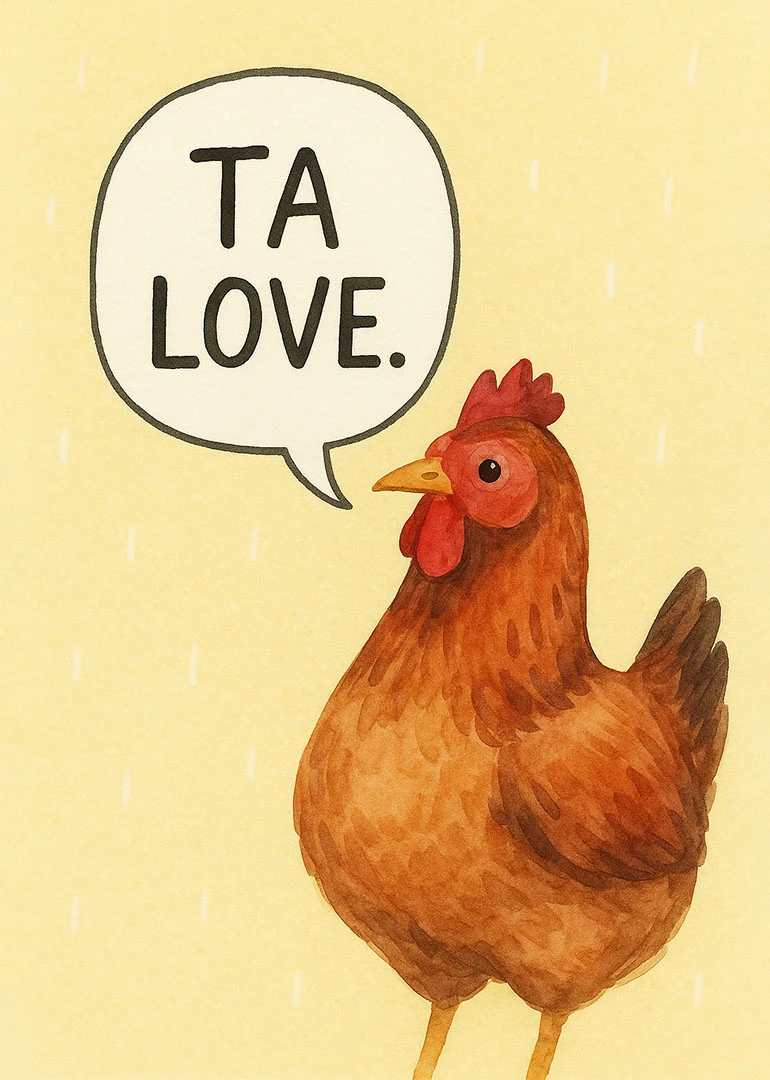 A watercolor chicken stands beside a speech bubble reading Ta Love on pale yellow background.