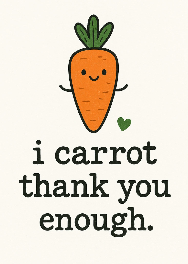 Cute orange carrot with a smiling face and green leaves above punny thank you message.