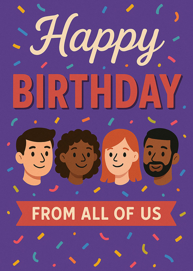 Birthday card with diverse smiling faces and colorful confetti on purple background