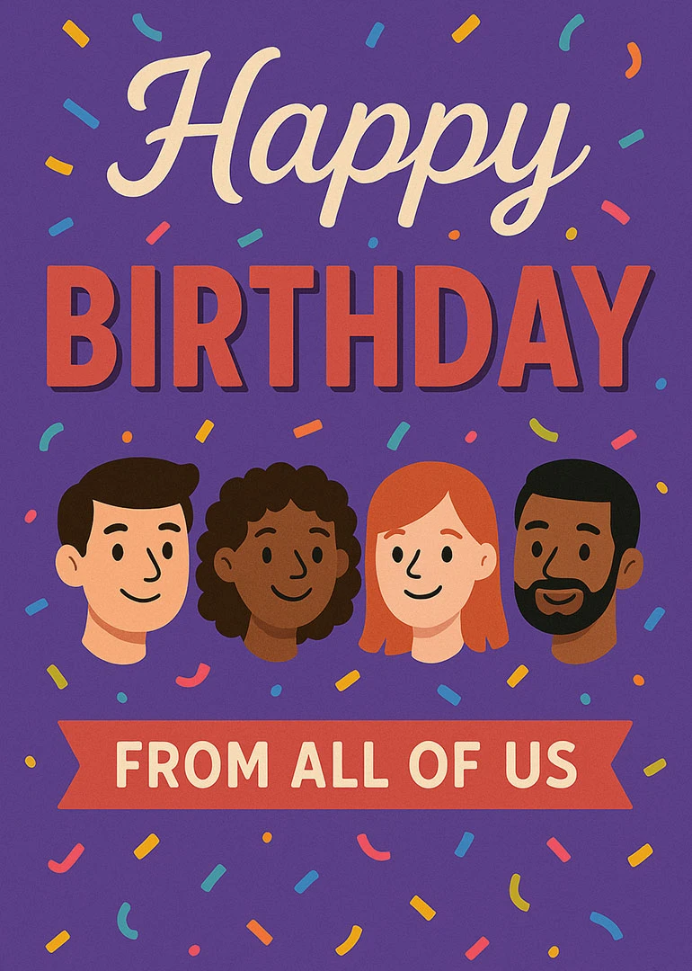 Purple birthday card with confetti, four smiling faces, and From All of Us banner design.