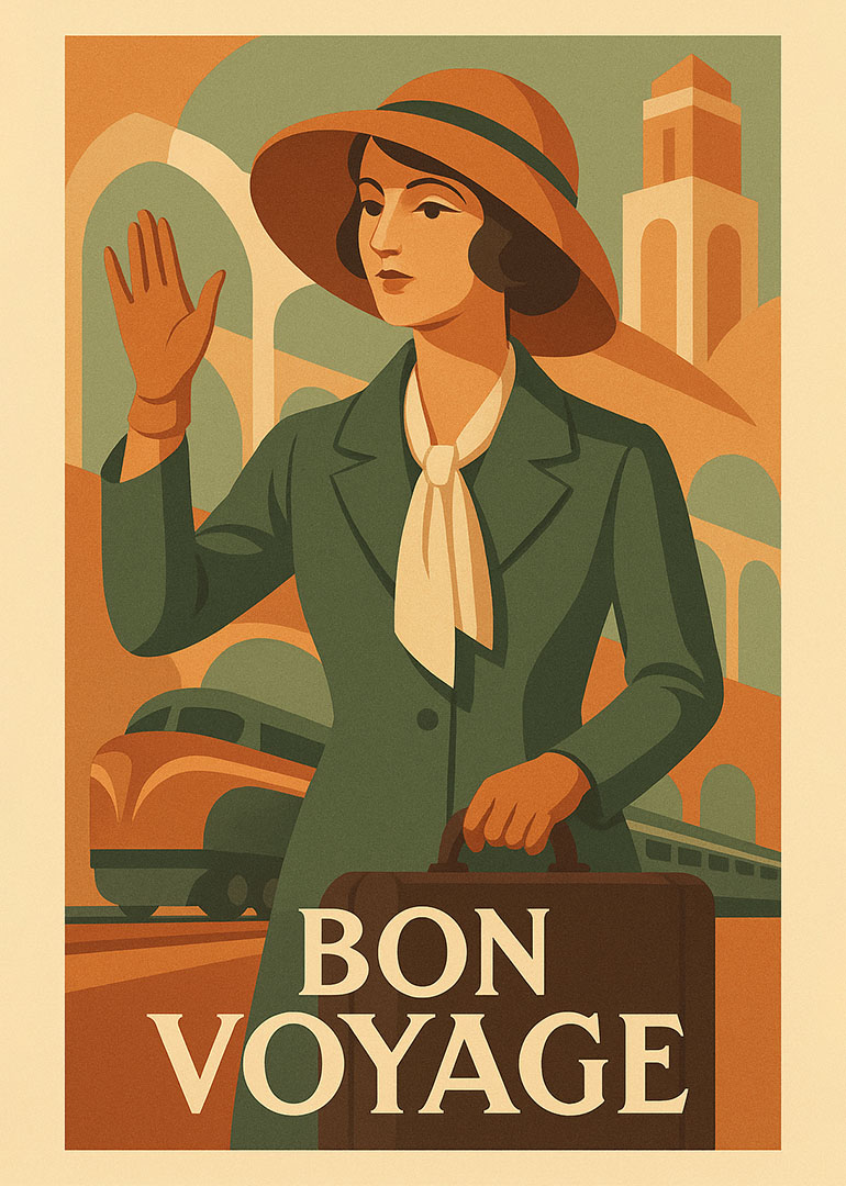 Vintage style card with woman waving and train in background saying Bon Voyage