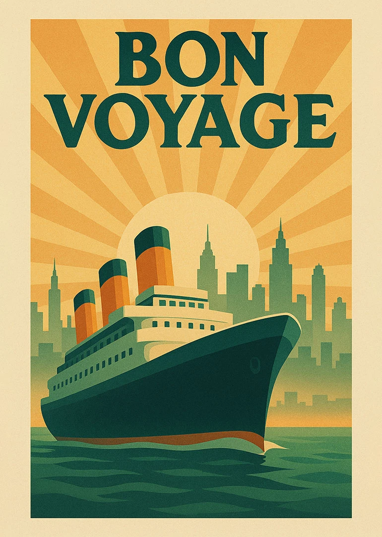 A vintage-style bon voyage card showing a ship, city skyline, and golden sunburst behind it.