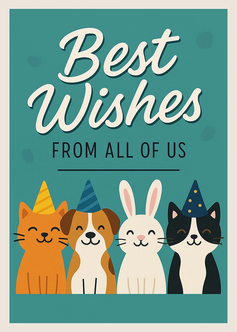 Smiling party-hat cat, dog, rabbit and black cat share a Best Wishes card for everyone today.