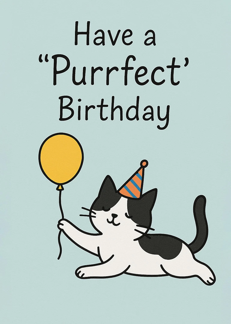 Black and white cat in party hat holds a balloon beneath Have a Purrfect Birthday.