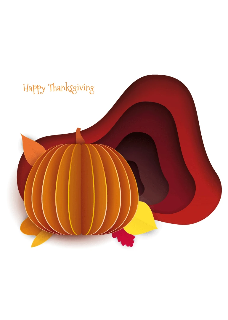 Pumpkin with autumn leaves and Happy Thanksgiving text on a white card with red background.