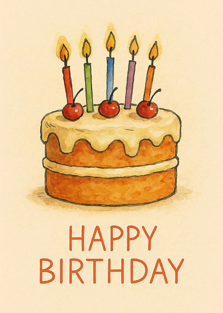 Watercolor birthday cake with candles and cherries above happy birthday text on cream background card.