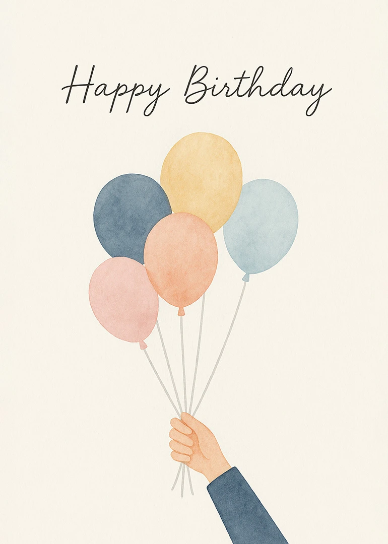 Minimal watercolor birthday card with pastel balloons and Happy Birthday text held by a hand.