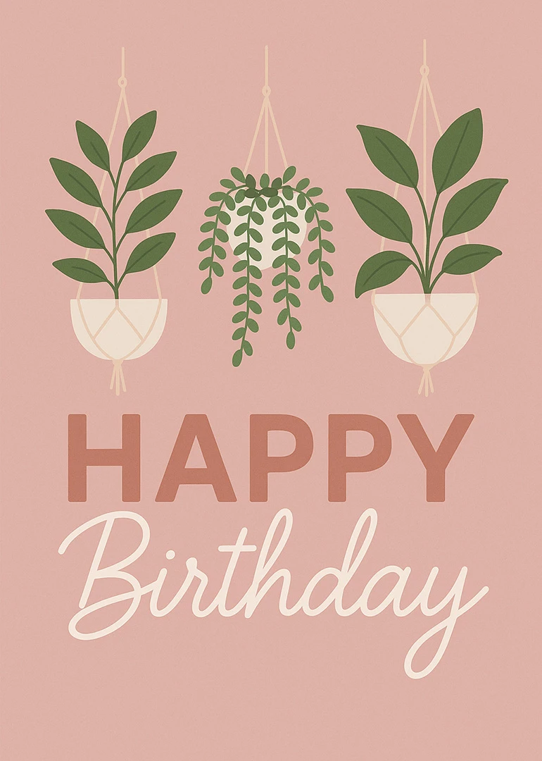 Blush pink birthday card with hanging plants and bold Happy Birthday lettering in soft tones.