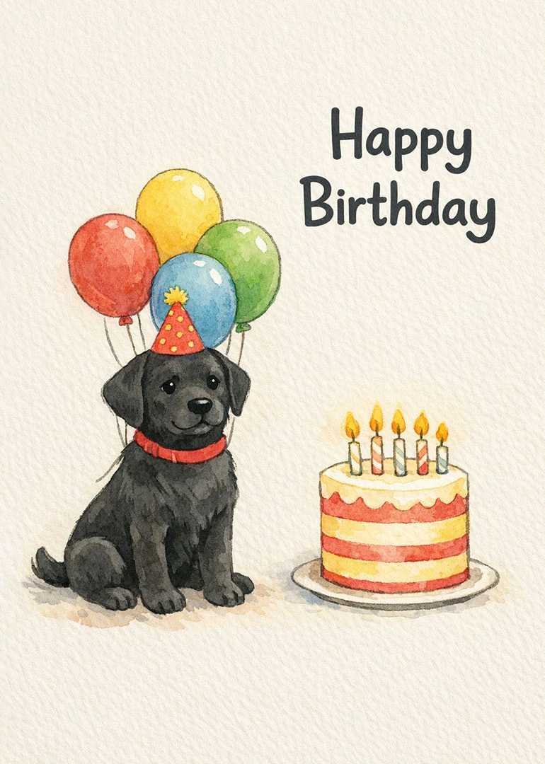 Cute black puppy wearing a party hat sits beside balloons and a birthday cake illustration.