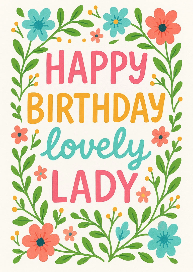 Floral birthday card with colorful flowers and the words Happy Birthday lovely lady in pastels.