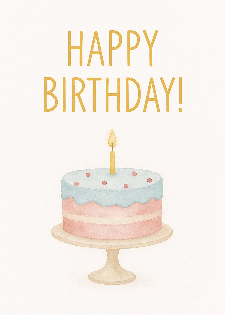 Pastel birthday cake with candle beneath Happy Birthday text on a soft white card background.