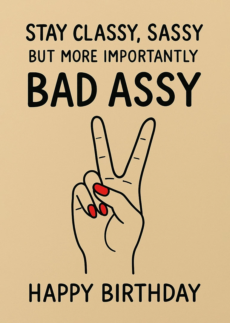 Birthday card with peace sign hand, red nails, and bold classy sassy bad assy wording.