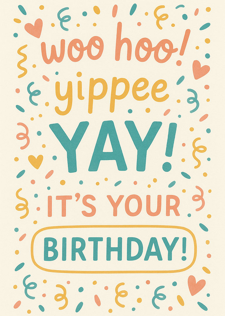 Birthday card with colorful confetti and cheerful celebratory text