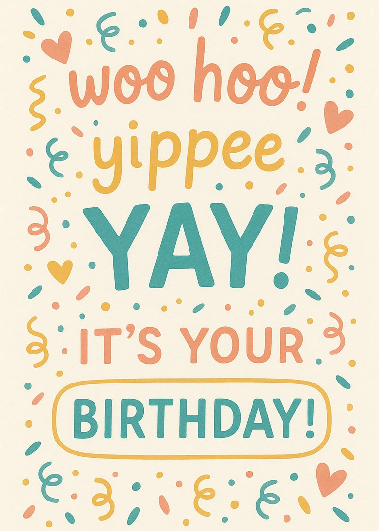 Colourful birthday card with woo hoo yippee yay text, confetti, hearts, and festive streamers everywhere.